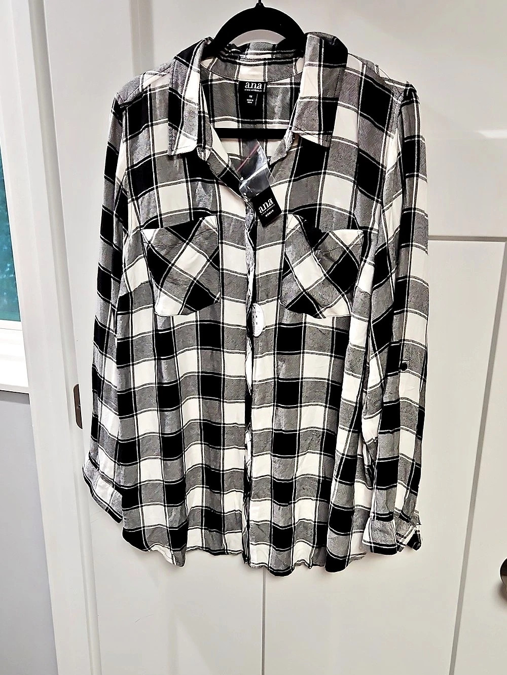 ana Plaid Button Down Shirt in Black & White Size 1X NWT